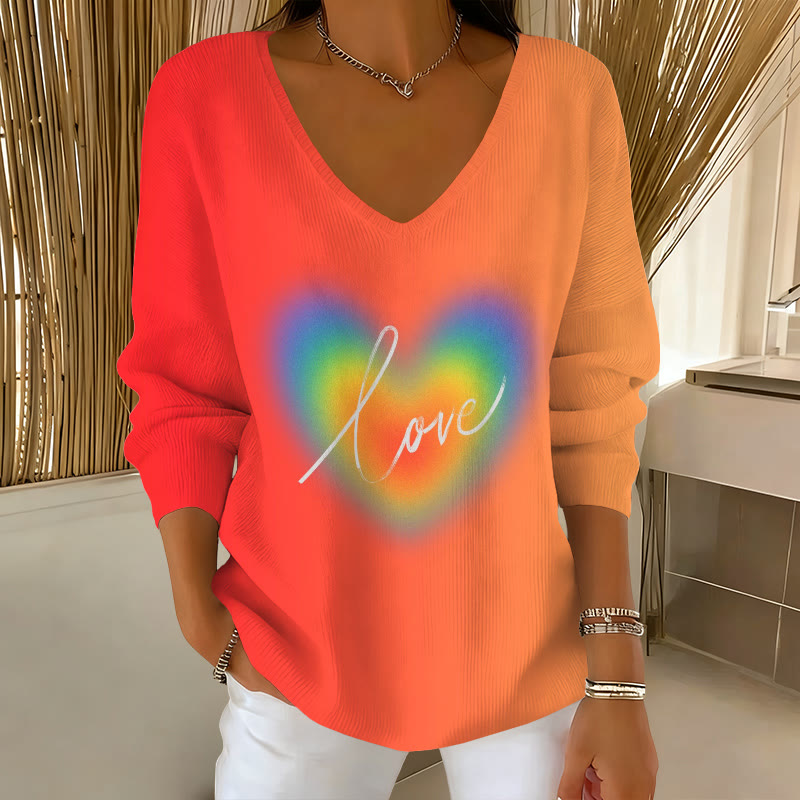 Valentine's Day Gradient Rainbow Heart Print Causal V-neck Pullover Sweater - Orange - 5XL - image 1