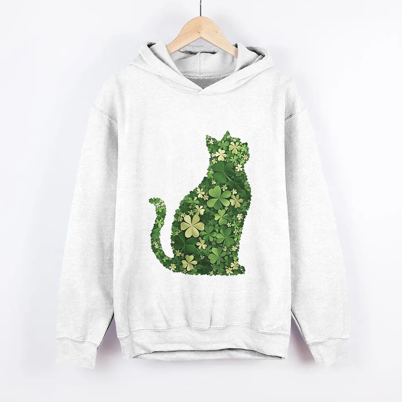 Unisex St. Patrick's Day Lucky Cat Art Print Long Sleeved Hoodie - White - US44-46(8XL) - image 1