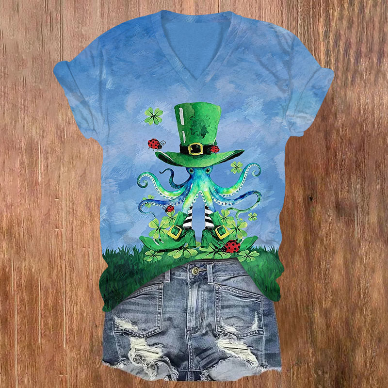 St. Patrick's Day Octopus And April Grass Art Pattern Short Sleeved V-Neck T-Shirt - Blue - US32-34(5XL) - image 1