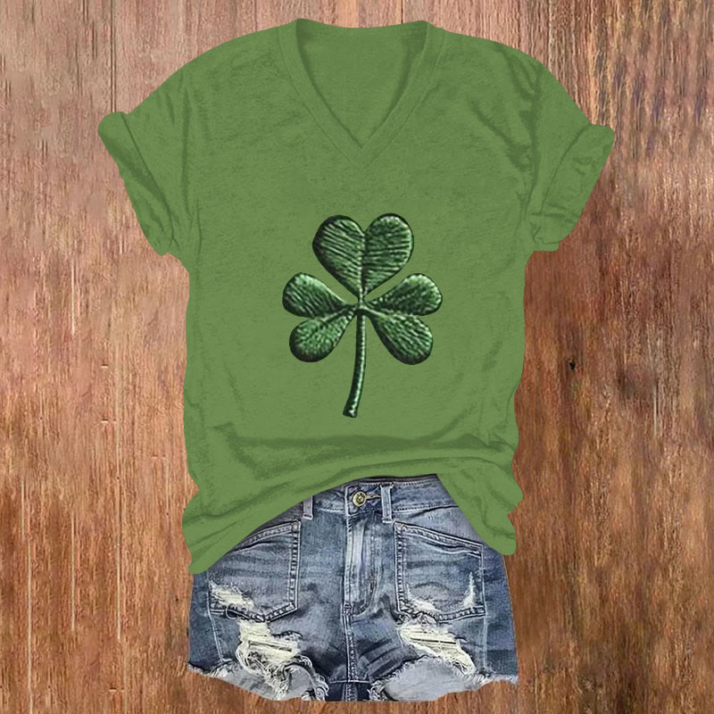 St. Patrick's Day Lucky Four Leaf Clover Pattern Short Sleeved V-Neck T-Shirt - Green - US32-34(5XL) - image 1