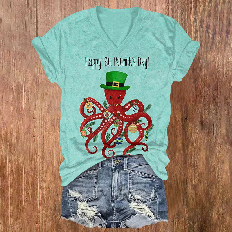 St. Patrick's Day Fun Octopus Pattern Short Sleeved V-Neck T-Shirt - Light Blue - US32-34(5XL) - image 1