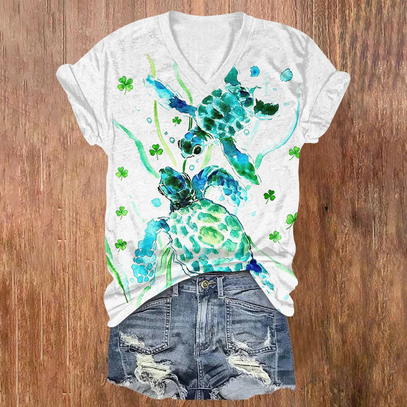 St. Patrick's Day Sea Turtles And April Grass Pattern Short Sleeved V-Neck T-Shirt - White - US32-34(5XL) - image 1