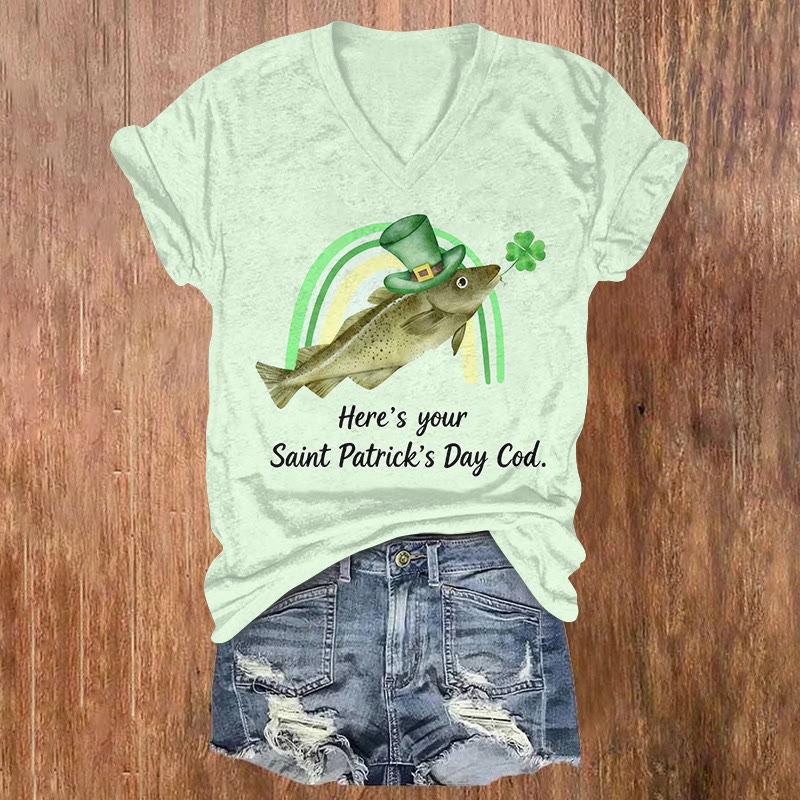 St. Patrick's Day Sea Fun Cod Pattern Short Sleeved V-Neck T-Shirt - Light Green - US32-34(5XL) - image 1
