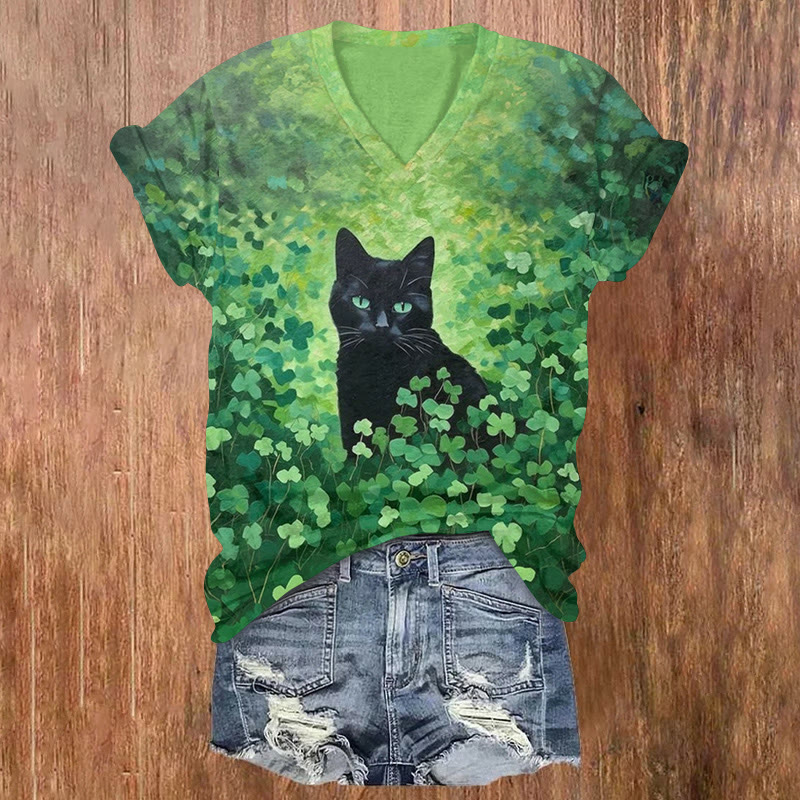 St. Patrick's Day Cats And April Grass Pattern Short Sleeved V-Neck T-Shirt - Green - US32-34(5XL) - image 1