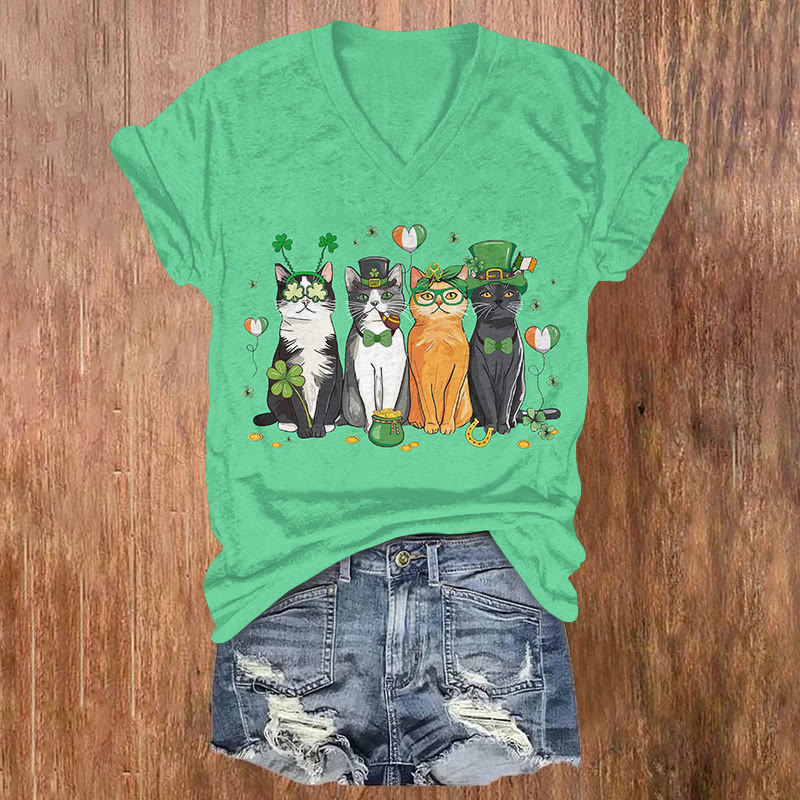 St. Patrick's Day Cat Squad Pattern Short Sleeved V-Neck T-Shirt - Light Green - US32-34(5XL) - image 1