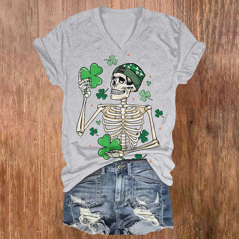 St. Patrick's Day Lucky Skeleton Pattern Short Sleeved V-Neck T-Shirt - Grey - US32-34(5XL) - image 2