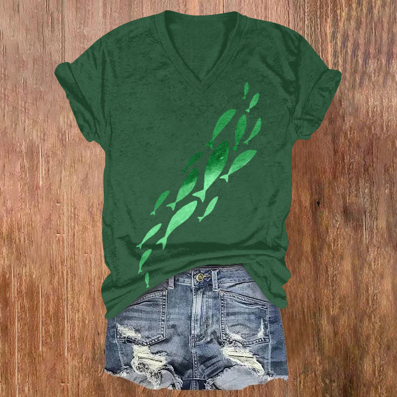 St. Patrick's Day Ocean Little Fish Team Pattern Short Sleeved V-Neck T-Shirt - Green - US32-34(5XL) - image 1