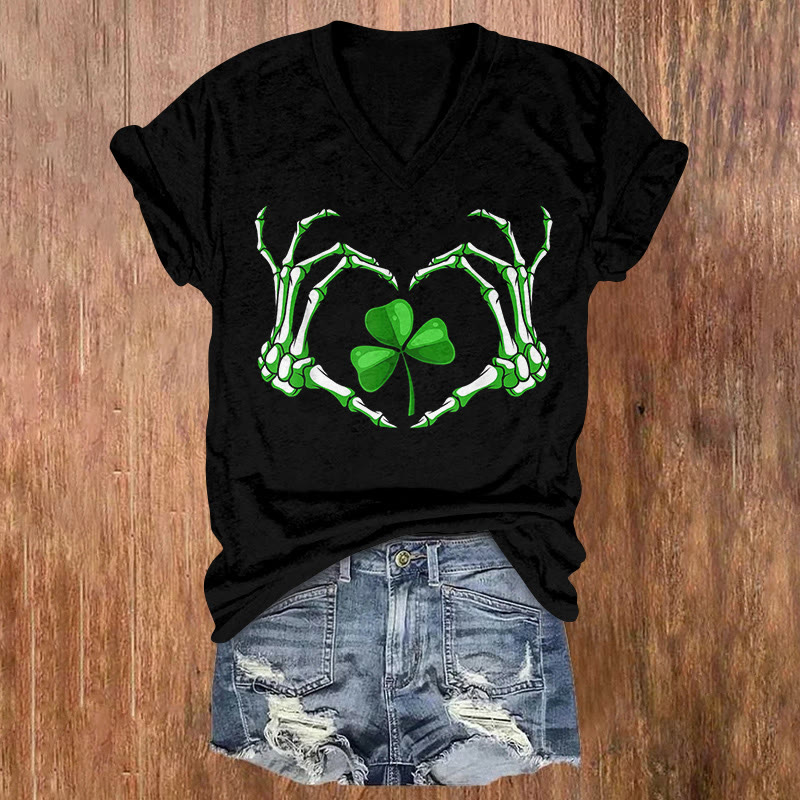 St. Patrick's Day Skeleton Hands Heart And Clover  Pattern Short Sleeved V-Neck T-Shirt - Black - US32-34(5XL) - image 1