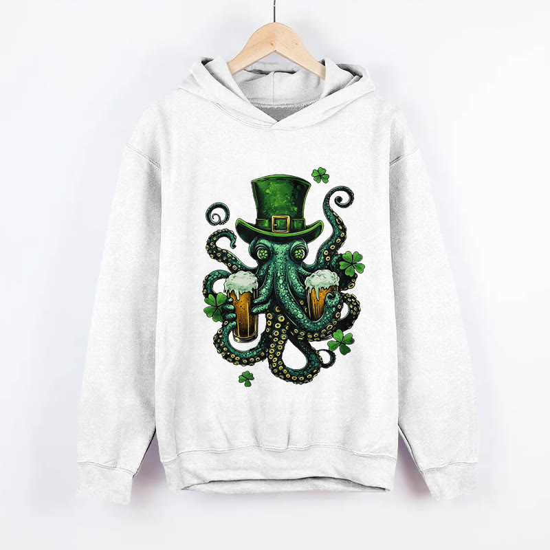 Unisex St. Patrick's Day Octopus Beer Print Long Sleeved Hoodie - White - US44-46(8XL) - image 2