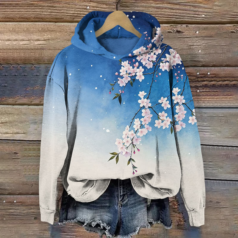  Japanese Color Block Pink Sakura Art Print Long Sleeve Hoodie - Blue - US44-46(8XL) - image 1