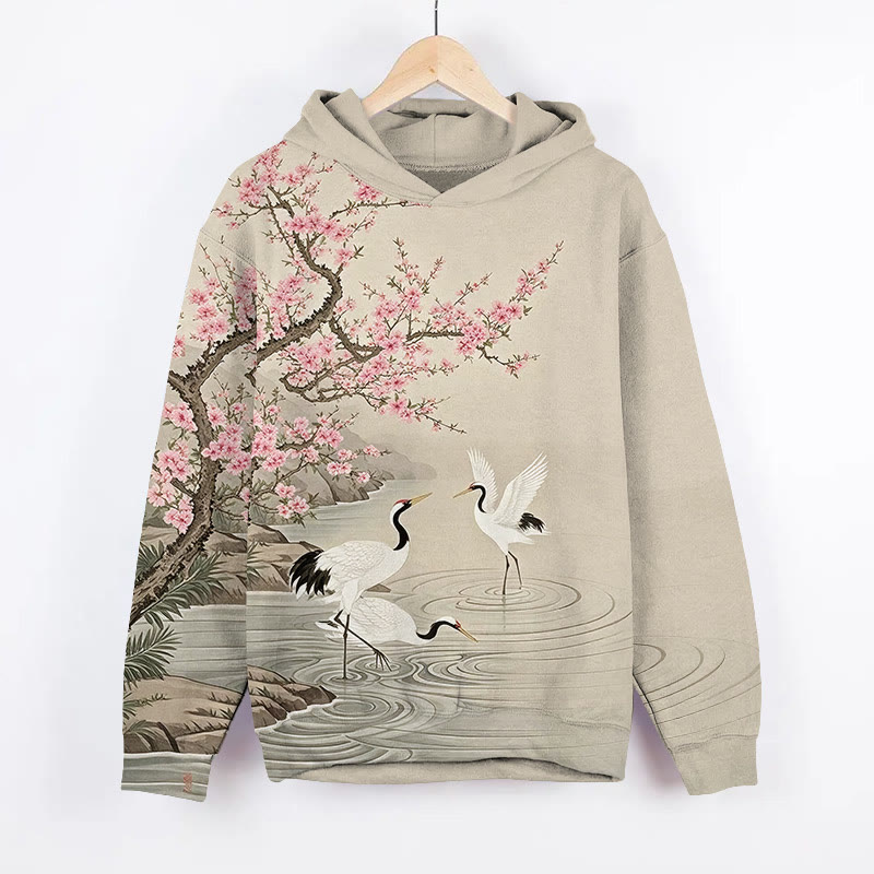 Japanese Vintage White Crane Dancing Under Peach Tree Art Print Long Sleeve Hoodie - Khaki - US44-46(8XL) - image 1