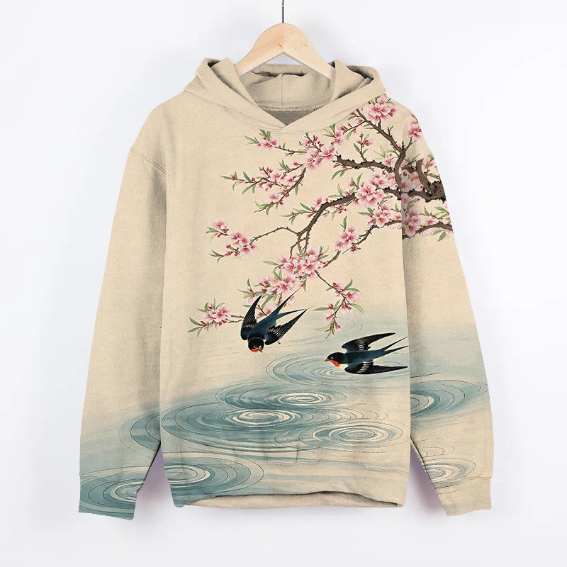 Japanese Spring Swallow & Floral Art Print Long Sleeve Hoodie - Khaki - US44-46(8XL) - image 1