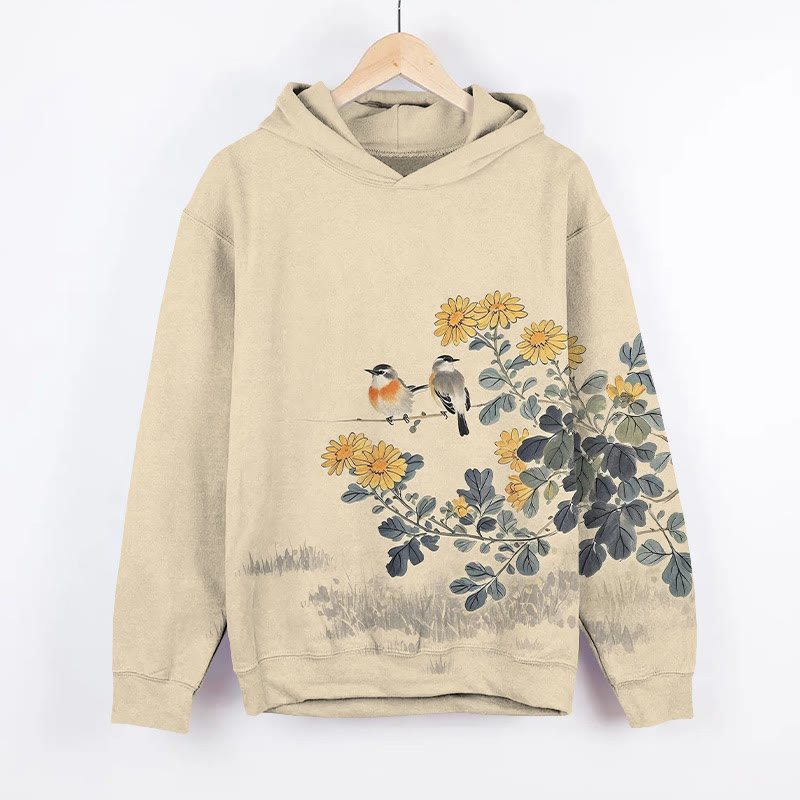 Japanese Vintage Watercolor Birds On The Chrysanthemum Art Print Long Sleeve Hoodie - Khaki - US44-46(8XL) - image 2