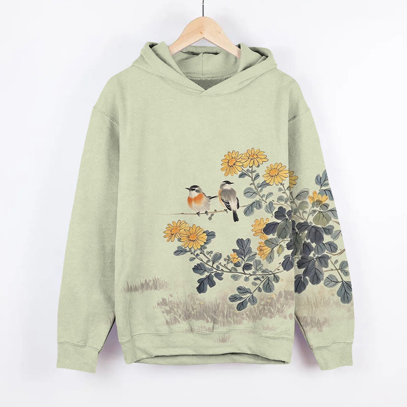 Japanese Vintage Watercolor Birds On The Chrysanthemum Art Print Long Sleeve Hoodie - Green - US44-46(8XL) - image 1