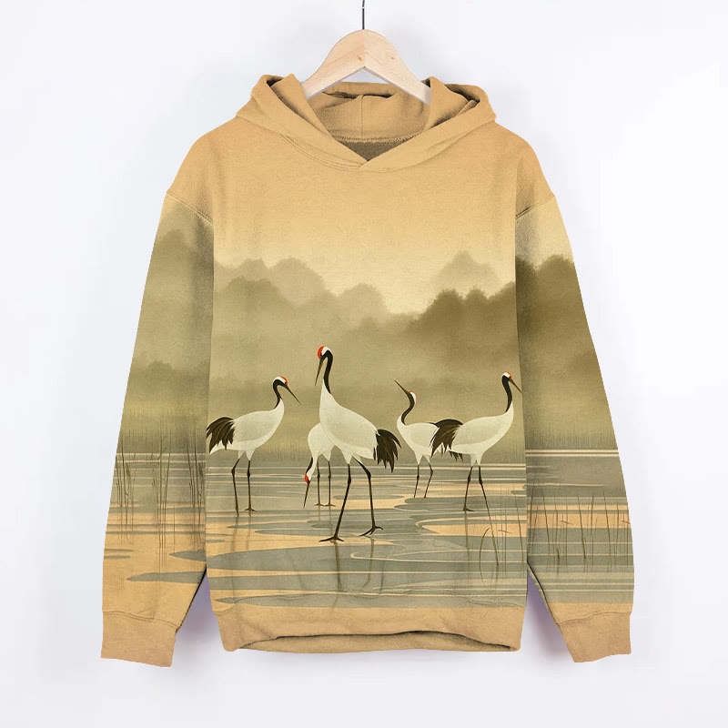 Vintage Elegant Cranes On The Frozen Lake Art Print Long Sleeve Hoodie - Yellow - US44-46(8XL) - image 2