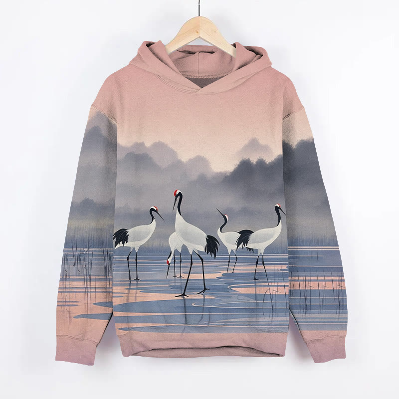 Vintage Elegant Cranes On The Frozen Lake Art Print Long Sleeve Hoodie - Pink - US44-46(8XL) - image 1