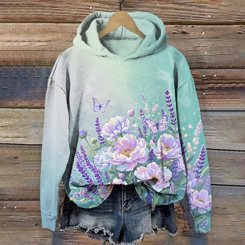 Vintage Ombre Oil Painting Flowers Art Print Long Sleeve Hoodie - Green - US44-46(8XL) - image 1
