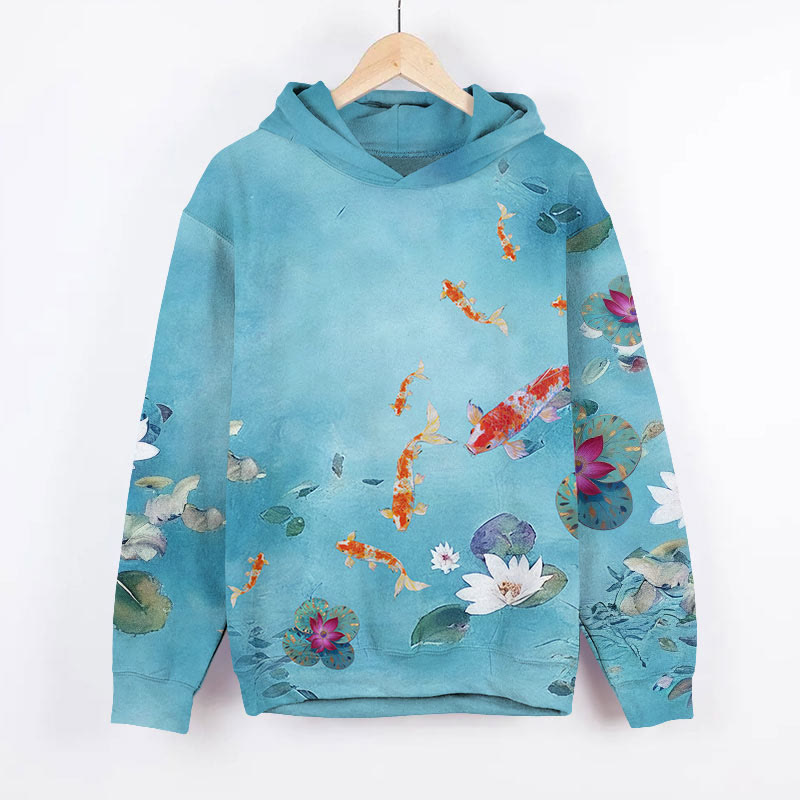 Vivid Oil Painting Goldfish & Lotus Pond Art Print Long Sleeve Hoodie - Blue - US44-46(8XL) - image 1