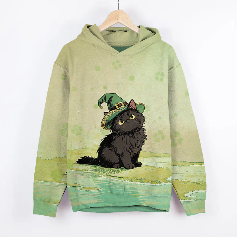  St. Patrick's Day Wizard Hat Black Cat Art Print Long Sleeve Hoodie - Green - US44-46(8XL) - image 1