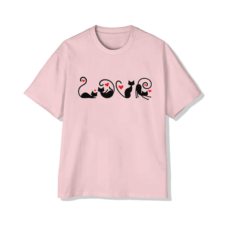 Unisex LOVE Heart-shape Cats Print Short Sleeved Crew Neck T-shirt - Pink - 2XL - image 2