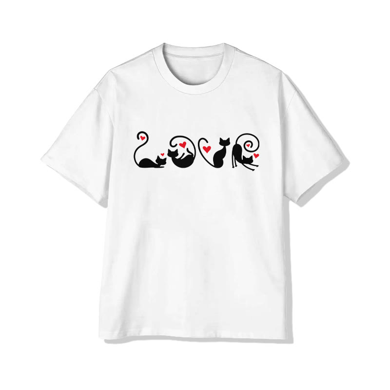 Unisex LOVE Heart-shape Cats Print Short Sleeved Crew Neck T-shirt - White - 2XL - image 1