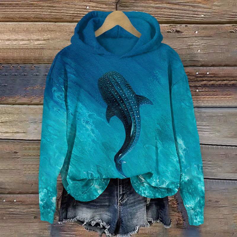 Gradient Ocean Blue Whale Art Print Long Sleeved Hoodie - Blue - US44-46(8XL) - image 1