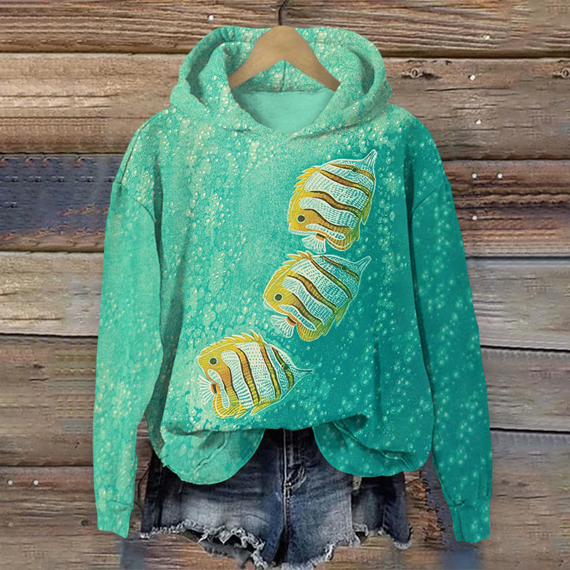 Vintage Tropical Ugly Fish Print Long Sleeved Hoodie - Green - US44-46(8XL) - image 1