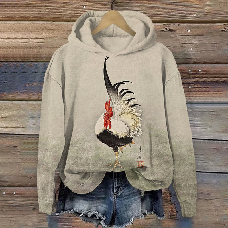 Japanese Chicken And Rooster By Ohara Koson Print Long Sleeved Hoodie - Khaki - US44-46(8XL) - image 1