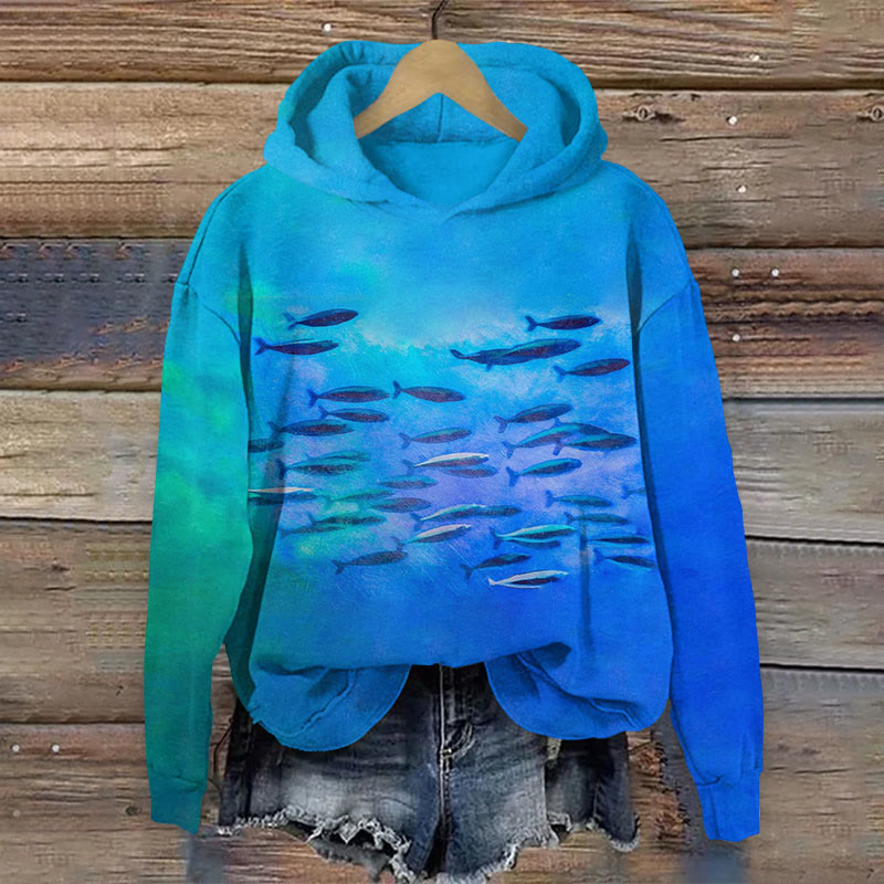 Gradient Sardine Fish School Art Print Long Sleeved Hoodie - Blue - US44-46(8XL) - image 1