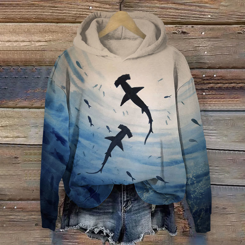 Vintage Ocean Hammerhead Shark Art Print Long Sleeved Hoodie - Blue - US44-46(8XL) - image 1