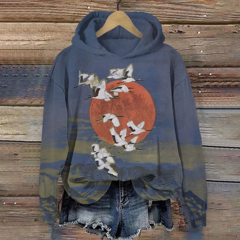 Oil Painting Japanese White Cranes Flying Around The Sun Print Long Sleeved Hoodie - Blue - US44-46(8XL) - image 1