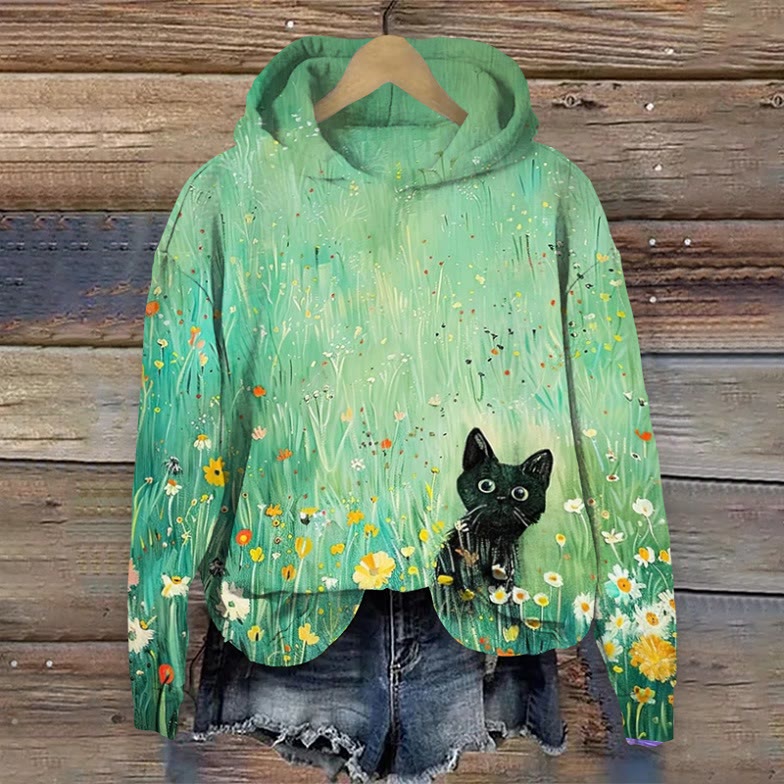  Cat Among The Flowers Print Long Sleeved Hoodie - Green - US44-46(8XL) - image 1