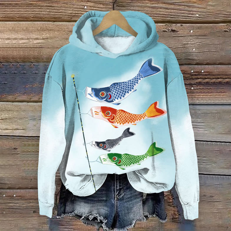 Gradient Koi Fish Print Long Sleeved Hoodie - Blue - US44-46(8XL) - image 1