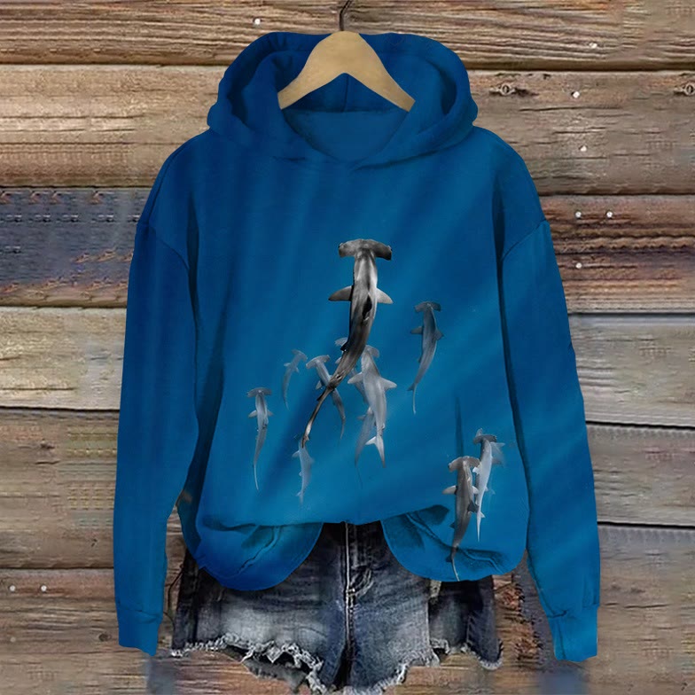 Ocean Sharks Print Long Sleeved Hoodie - Dark Blue - US44-46(8XL) - image 1