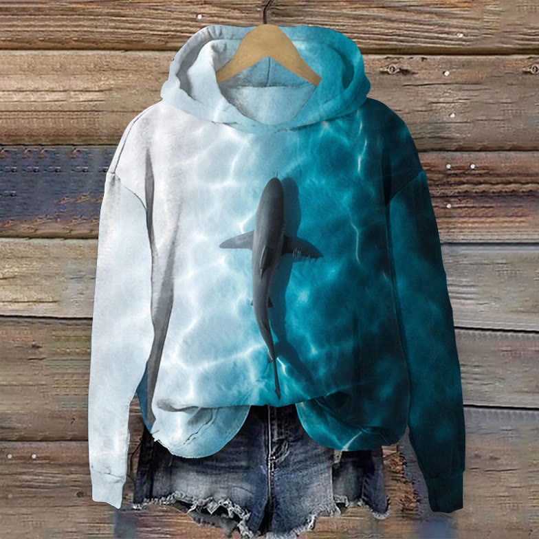 Deep Sea Shark Print Long Sleeved Hoodie - Blue - US44-46(8XL) - image 1