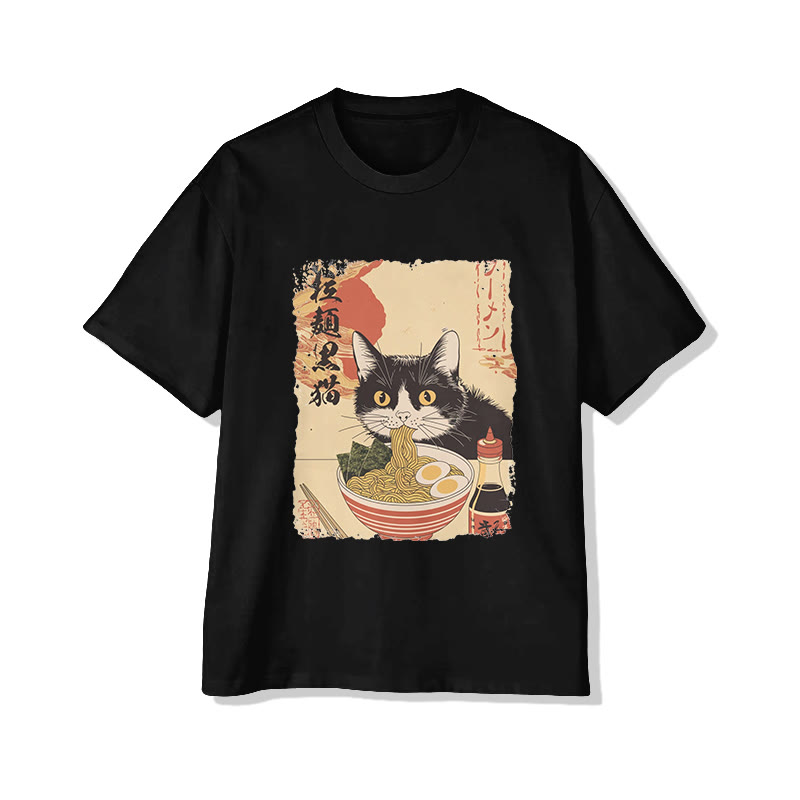 Unisex Japanese Cat Eating Ramen Print Short Sleeved Crew Neck T-shirt - Black - 2XL - image 2