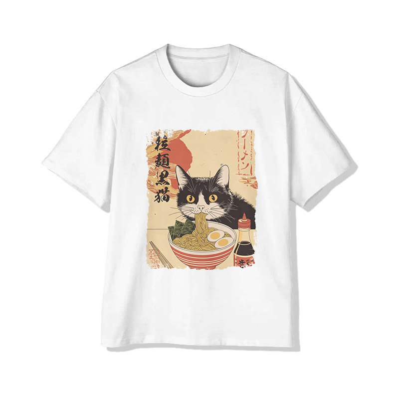 Unisex Japanese Cat Eating Ramen Print Short Sleeved Crew Neck T-shirt - White - 2XL - image 1
