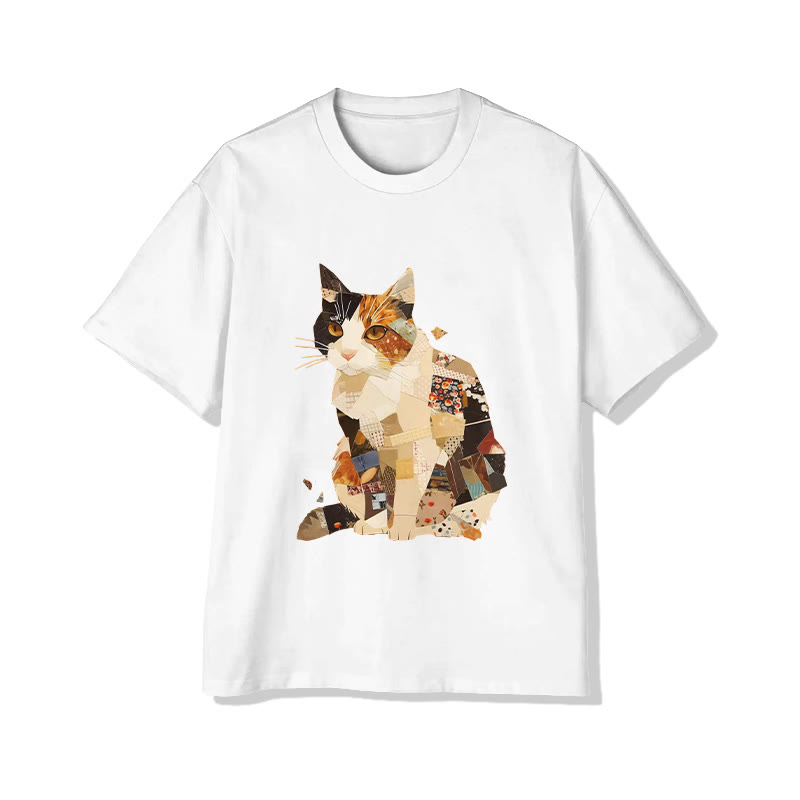 Unisex Funny Cat In Patchwork Clothes Print Short Sleeved Crew Neck T-shirt - White - 2XL - image 1