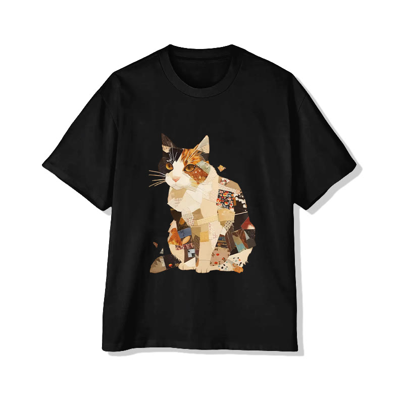 Unisex Funny Cat In Patchwork Clothes Print Short Sleeved Crew Neck T-shirt - Black - 2XL - image 2