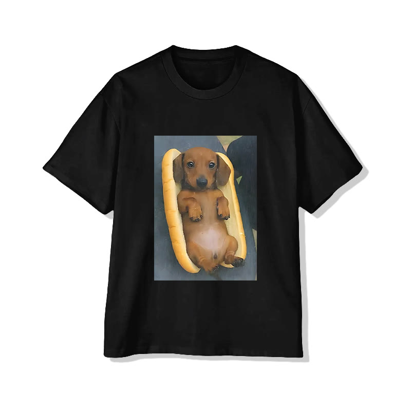 Unisex Cute Dog In The Bread Print Short Sleeved Crew Neck T-shirt - Black - 2XL - image 2