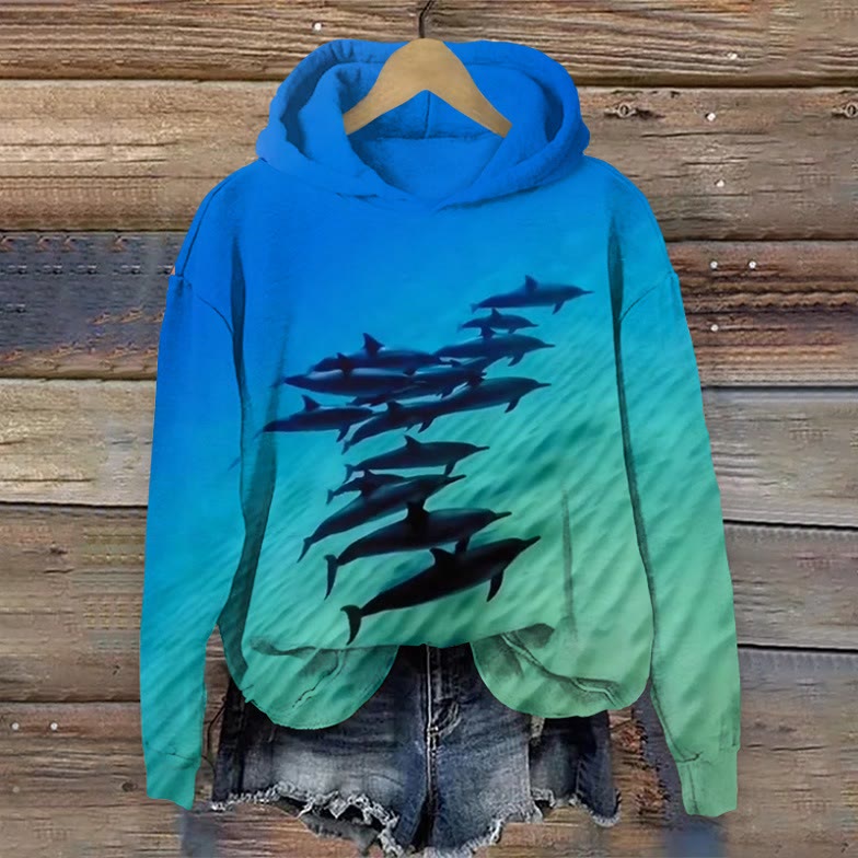 Gradient Ocean Shark Print Long Sleeved Hoodie - Blue - US44-46(8XL) - image 1