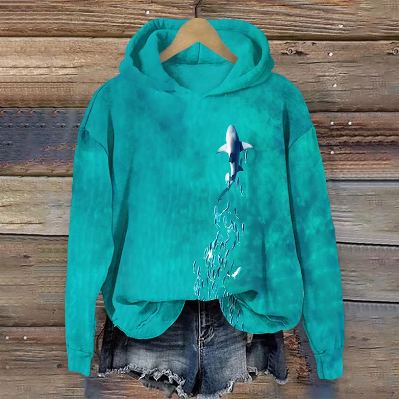 Ocean Shark Squad Print Long Sleeved Hoodie - Lake Blue - US44-46(8XL) - image 1