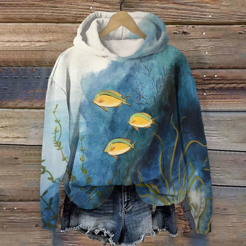 Watercolor Tropical Ugly Fish Art Print Long Sleeved Hoodie - Blue - US44-46(8XL) - image 1