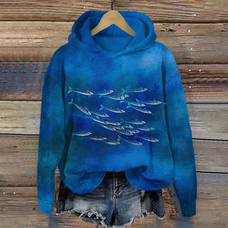 Vintage Small Ocean Fish Print Long Sleeved Hoodie - Blue - US44-46(8XL) - image 1