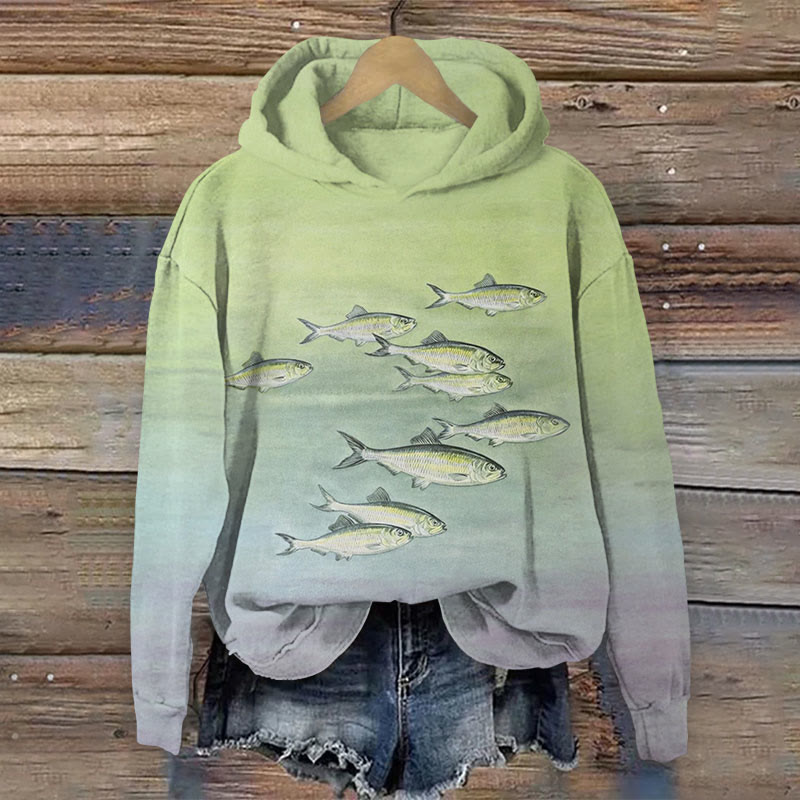 Vivid Ocean Fish Art Print Long Sleeved Hoodie - Green - US44-46(8XL) - image 1