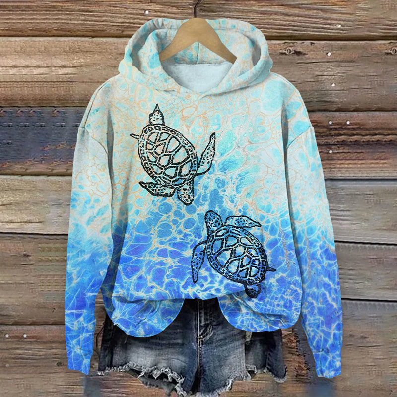 Ink Watercolor Sea Turtle Print Long Sleeved Hoodie - Blue - US44-46(8XL) - image 1