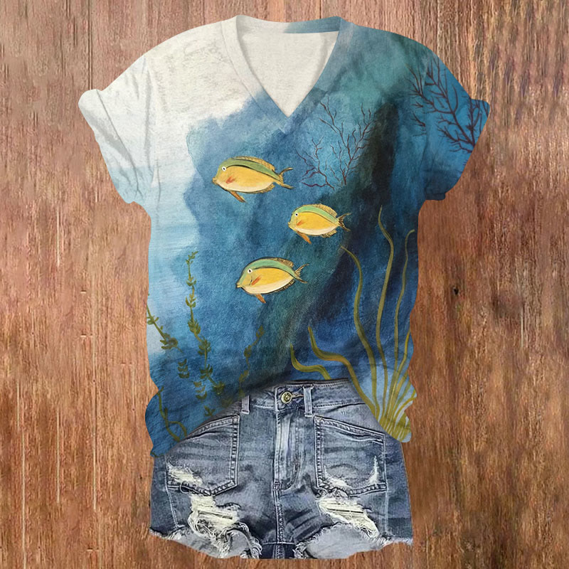 Watercolor Tropical Ugly Fish Art Short Sleeved V-neck T-shirt - Blue - US32-34(5XL) - image 1