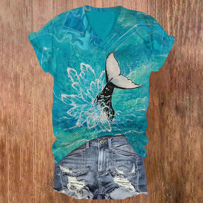 Creative Tale Of The Whale Print Short Sleeved V-neck T-shirt - Lake Blue - US32-34(5XL) - image 1