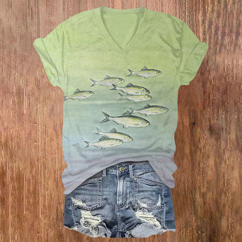 Vivid Ocean Fish Art Print Short Sleeved V-neck T-shirt - Green - US32-34(5XL) - image 1