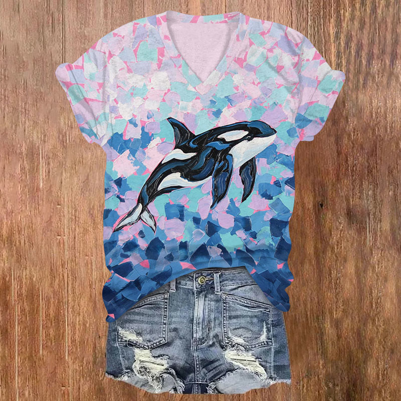 Color Block Patchwork Orca Art Print Short Sleeved V-neck T-shirt - Blue - US32-34(5XL) - image 1